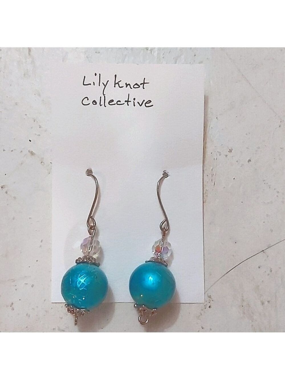 Lilyknot Turquoise Glass Earrings, Silver Caps, Silver Wire, 1.75 in Handmade
